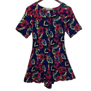 Vintage 90s Scoopneck Short Sleeve Button Down Romper in Black Hibiscus
